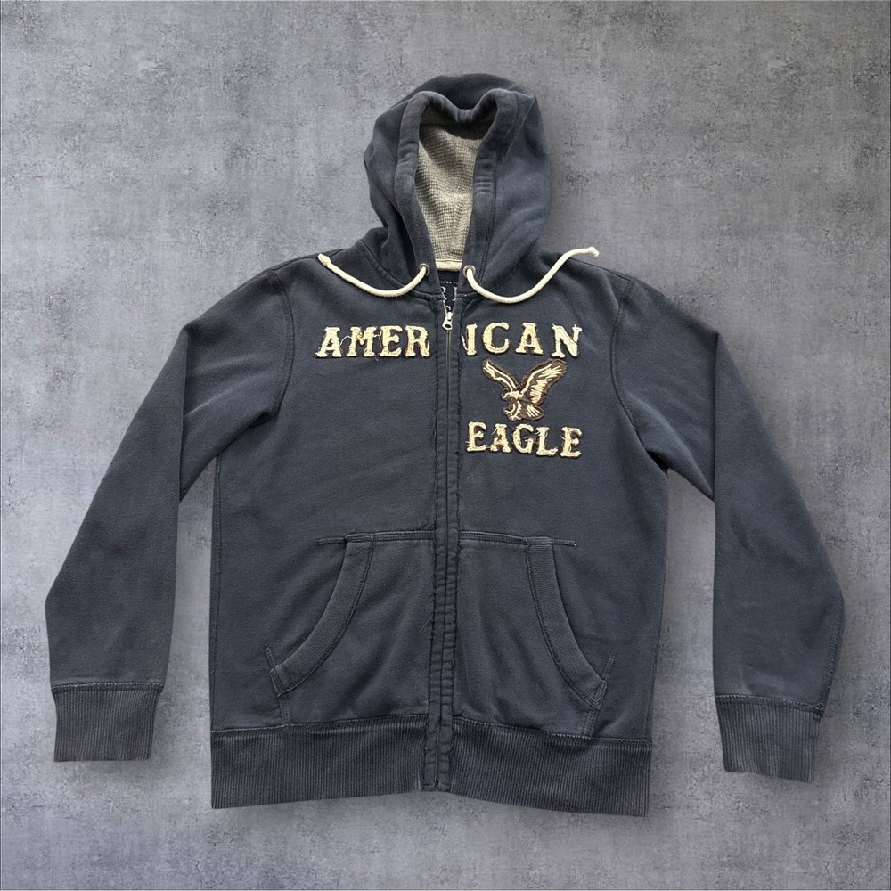 American Eagle Zip Up Hoodie Mens Medium Navy Blue Distressed Vintage Fit Logo